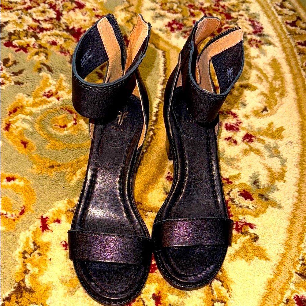 Frye Black Heeled Sandals with Ankle Strap